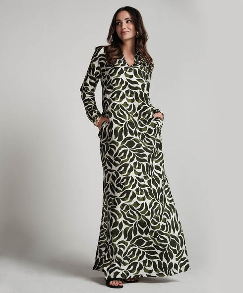 Green Printed Dress With Side Pockets