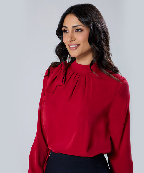 Neck Tie Long Sleeve Red Chiffon Top
