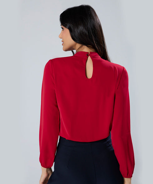 Neck Tie Long Sleeve Red Chiffon Top