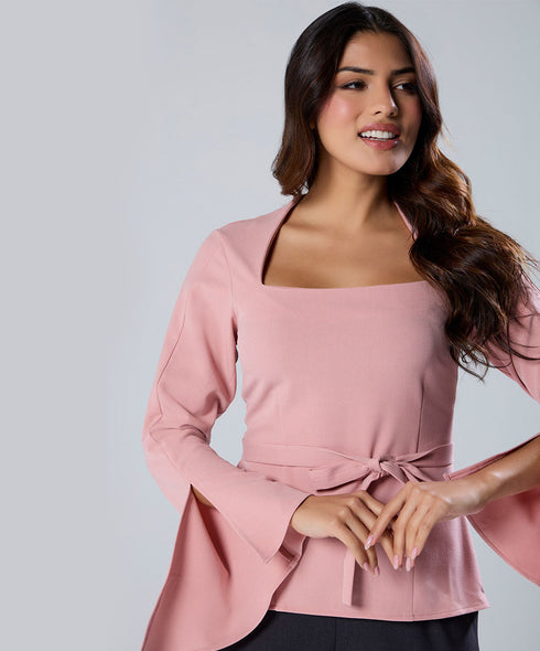 Split Sleeve Square Neck Peplum Pink Top