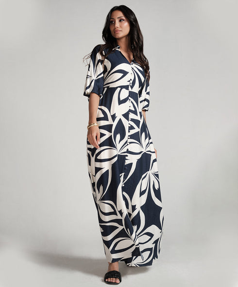 Front Buttoned Blue Printed Maxi Dress
