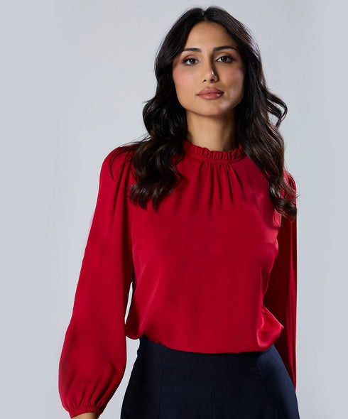 Chiffon Lantern Sleeve Detailed Neck Red Top