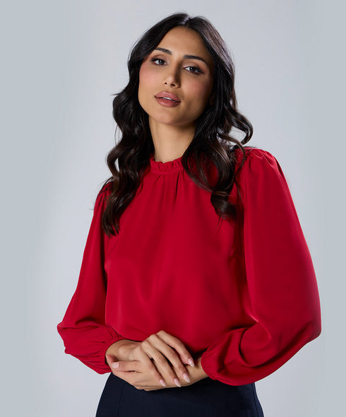 Chiffon Lantern Sleeve Detailed Neck Red Top