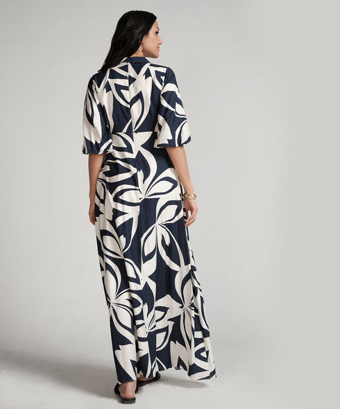 Front Buttoned Blue Printed Maxi Dress
