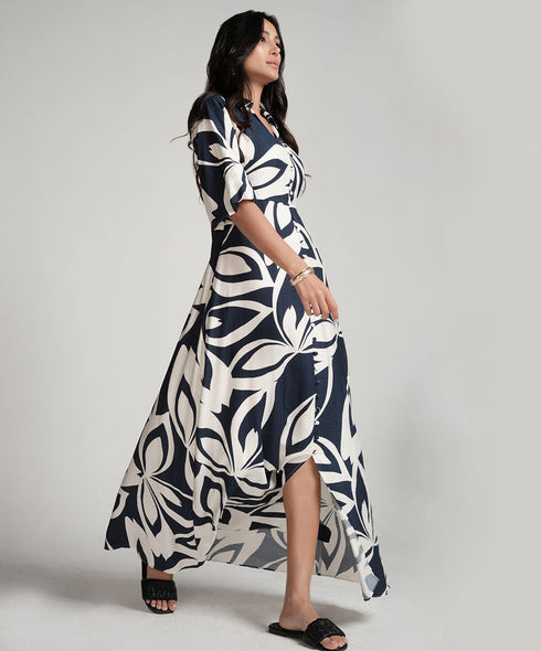 Front Buttoned Blue Printed Maxi Dress