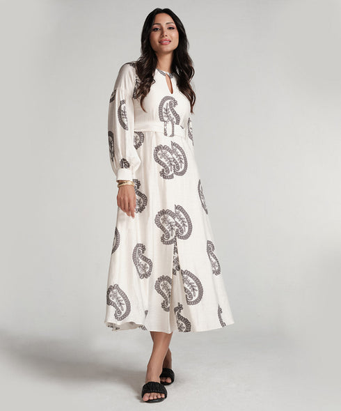 Puffed Sleeve Printed Round Neck Dress-Off White