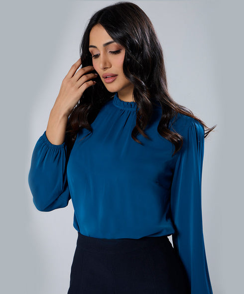 Chiffon Lantern Sleeve Detailed Neck Blue Top