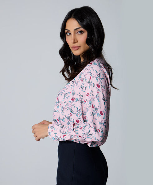Vneck Rose Printed Long Sleeve Top