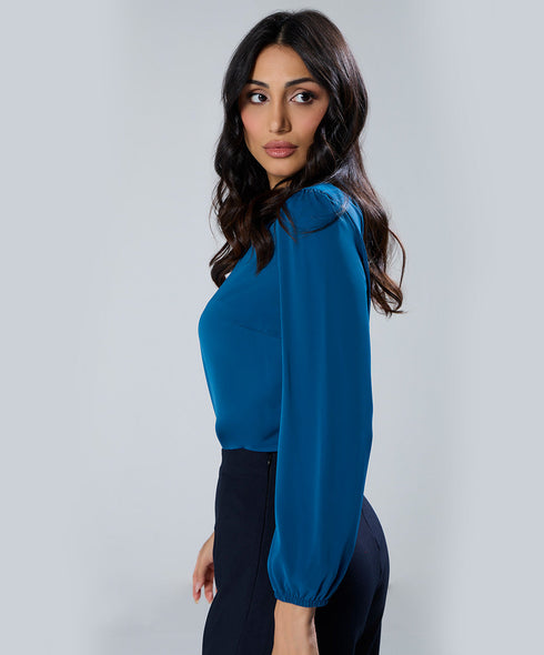 Chiffon Lantern Sleeve Detailed Neck Blue Top