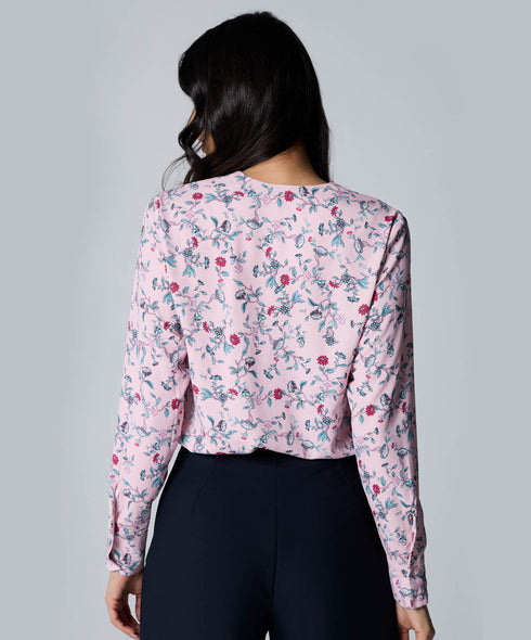 Vneck Rose Printed Long Sleeve Top