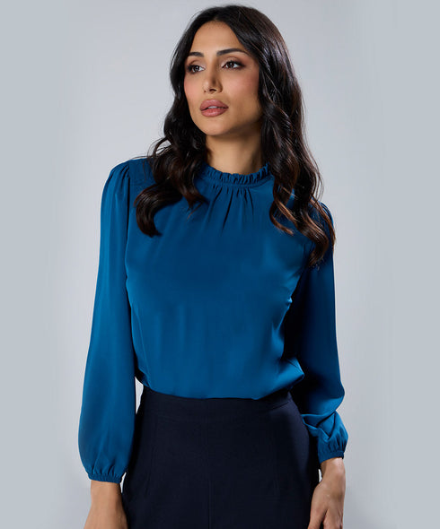 Chiffon Lantern Sleeve Detailed Neck Blue Top