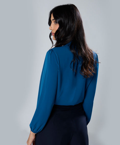 Chiffon Lantern Sleeve Detailed Neck Blue Top