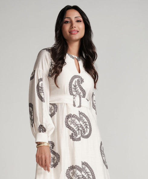 Puffed Sleeve Printed Round Neck Dress-Off White