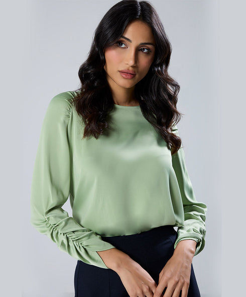 Long Sleeve Gathered Satin Green Top
