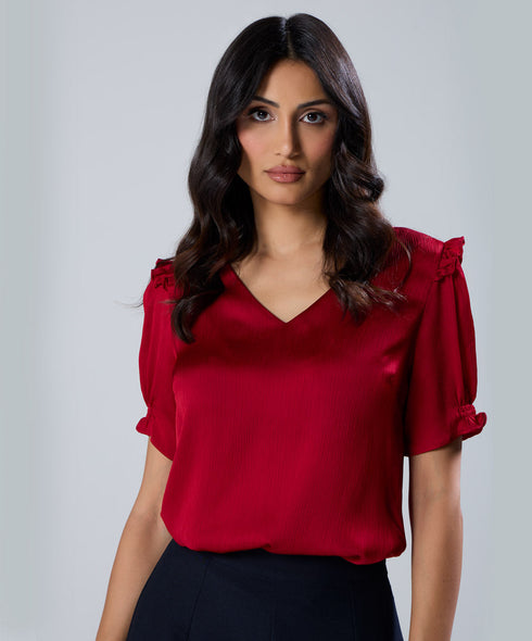 Vneck Frill Attached Maroon Short Sleeve Top