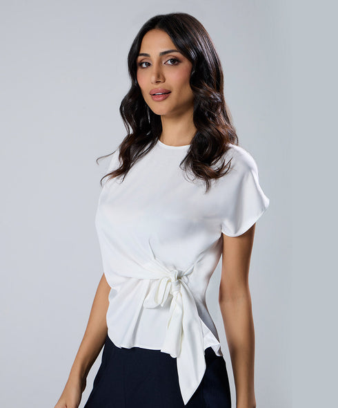 Waist Tie Round Neck Satin White Top