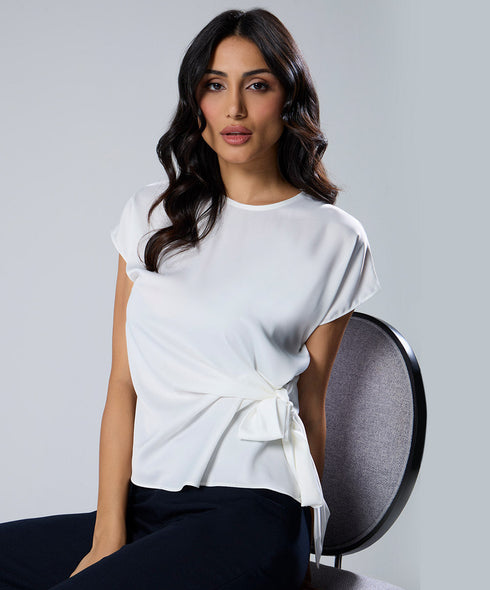 Waist Tie Round Neck Satin White Top