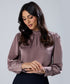 Neck Pleated Long Sleeve Brown Top