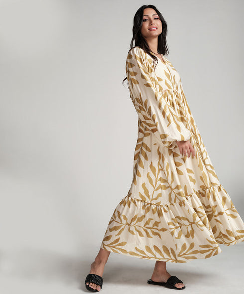 Vneck Elasticated Sleeve Loose Fitted Printed Dress-Yellow