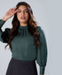 Neck Pleated Long Sleeve Green Top