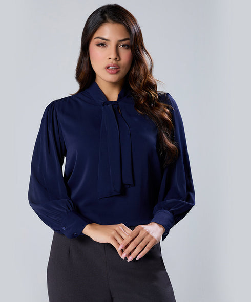 Neck Tie Chiffon Solid Blue Top