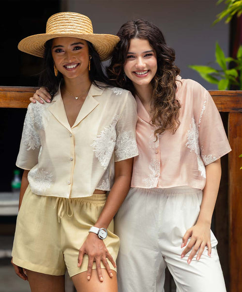 Lapel Pink Detailed Embroidered Top