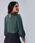 Neck Pleated Long Sleeve Green Top