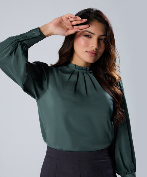 Neck Pleated Long Sleeve Green Top