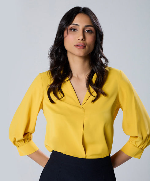 Lapel Collared Chiffon Half Sleeve Yellow Top