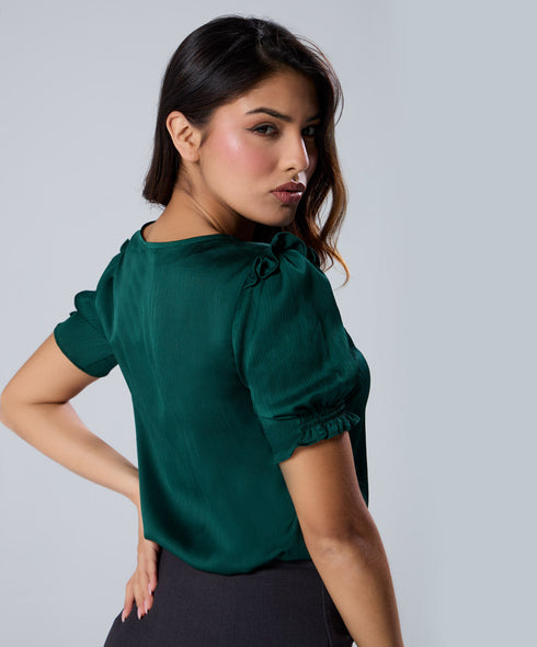 Vneck Frill Attached Green Short Sleeve Top