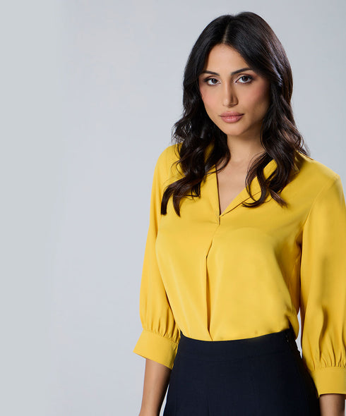 Lapel Collared Chiffon Half Sleeve Yellow Top