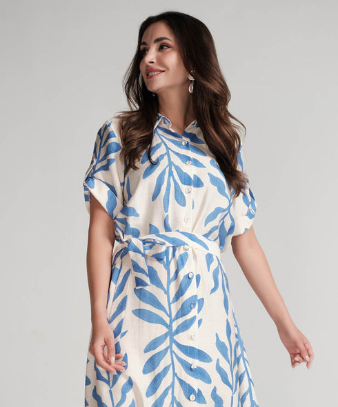 Asymmetrical Hem Blue Printed Dress