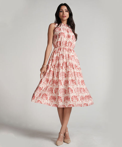 Waist And Neck Detailed Printed Dress-Pink Print
