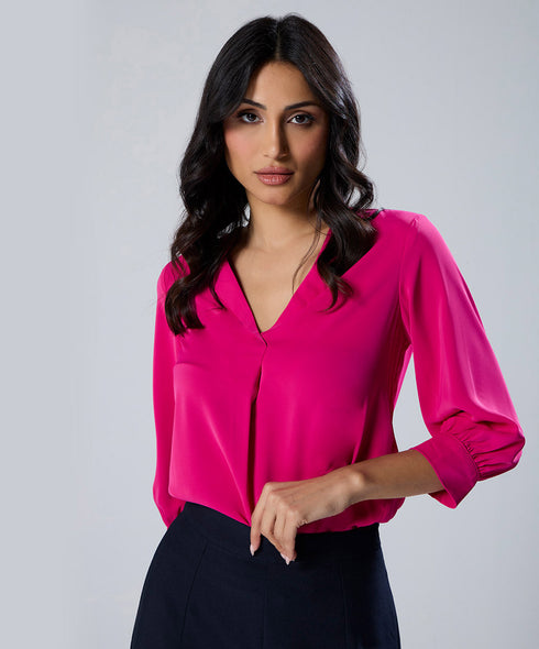 Lapel Collared Chiffon Half Sleeve Pink Top