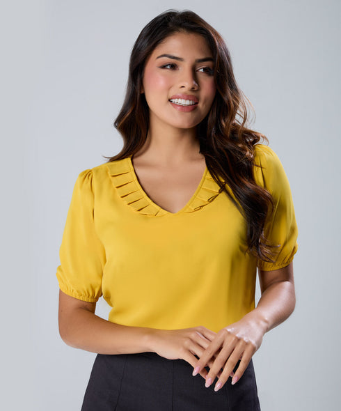 Vneck Pleated Yellow Half Sleeve Top