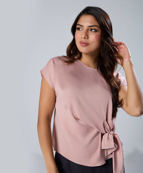 Waist Tie Round Neck Satin Pink Top