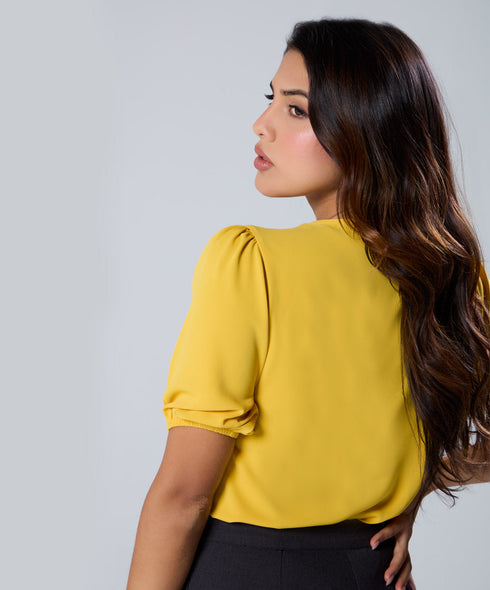 Vneck Pleated Yellow Half Sleeve Top