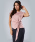 Waist Tie Round Neck Satin Pink Top