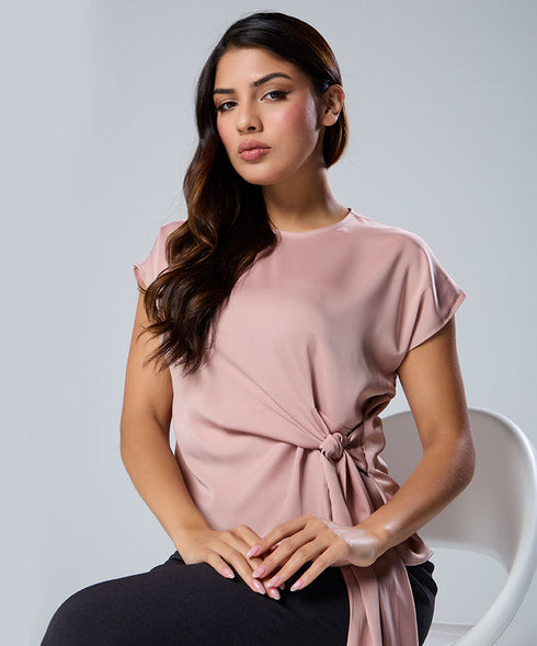 Waist Tie Round Neck Satin Pink Top
