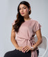 Waist Tie Round Neck Satin Pink Top