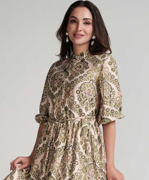 Front Buttoned Printed Mini Dress-Green