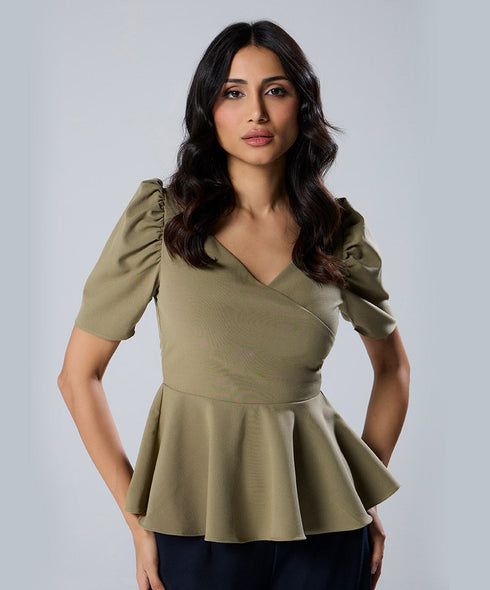 Vneck Sleeve Detailed Peplum Top