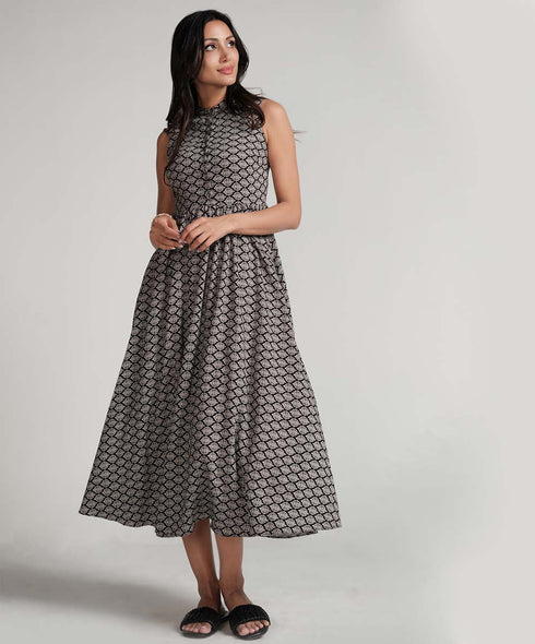 Sleeveless Printed Waist Gathered Black Dress