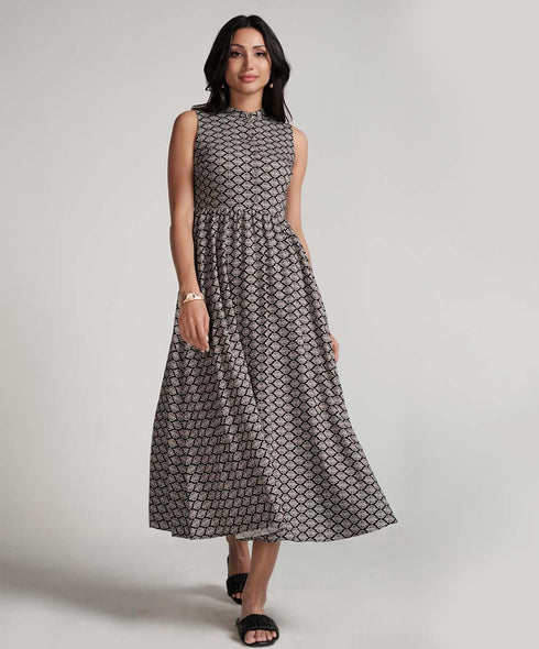 Sleeveless Printed Waist Gathered Black Dress