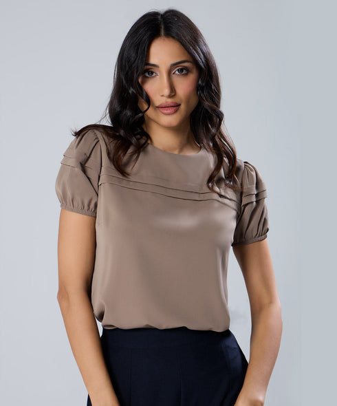 Pleated Sleeve Round Neck Brown Top