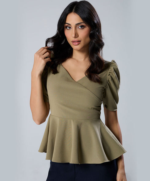 Vneck Sleeve Detailed Peplum Top
