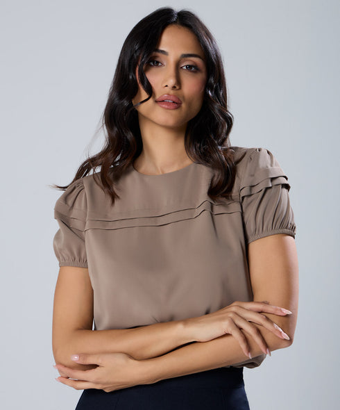 Pleated Sleeve Round Neck Brown Top
