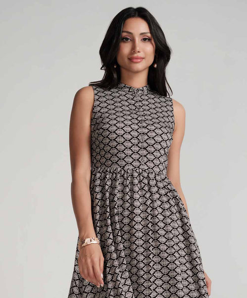 Sleeveless Printed Waist Gathered Black Dress