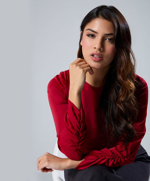 Long Sleeve Gathered Satin Red Top