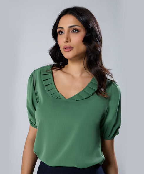Vneck Pleated Green Half Sleeve Top